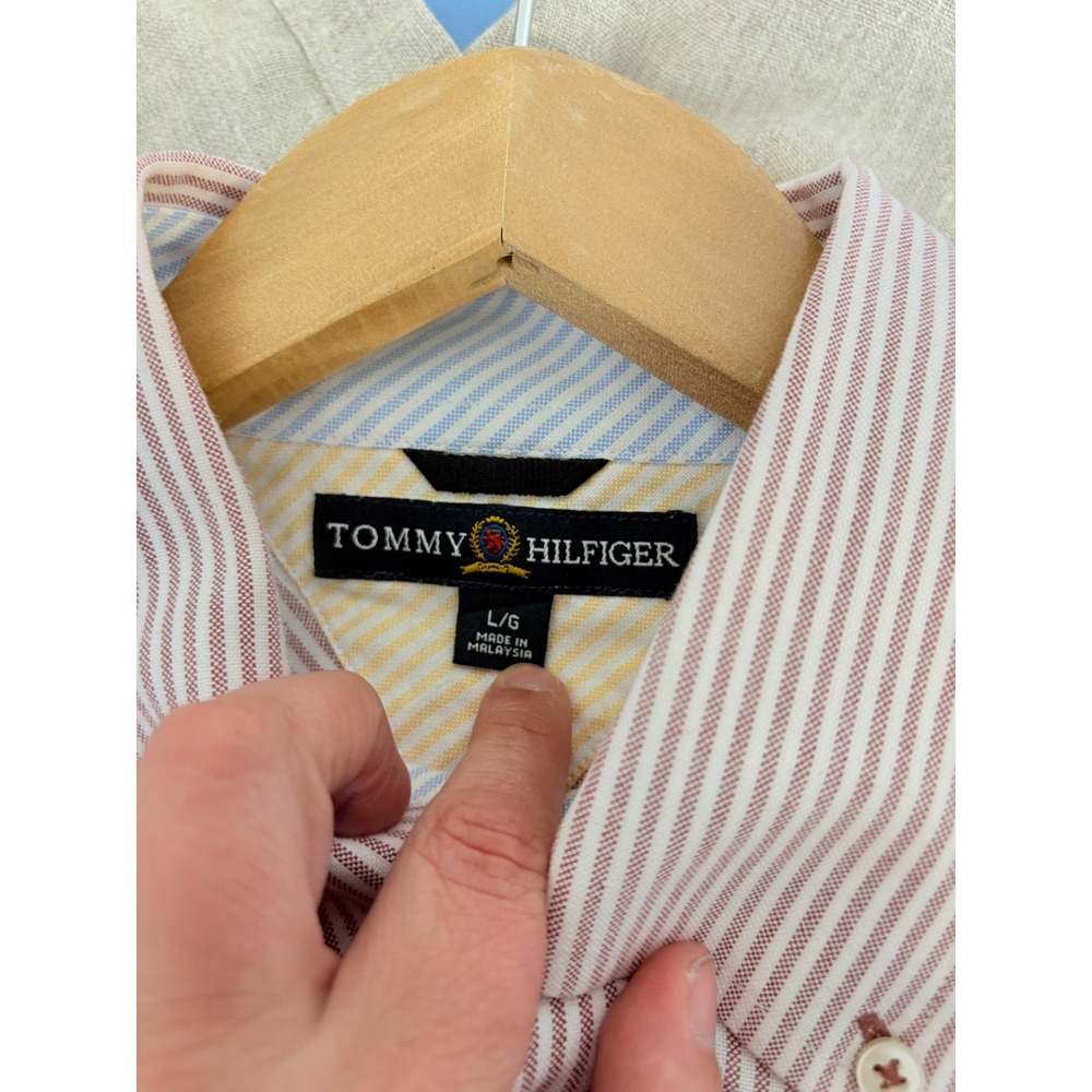 Tommy Hilfiger Mens Red White Striped Button Down Shirt Crest Logo Large L - Picture 5 of 10